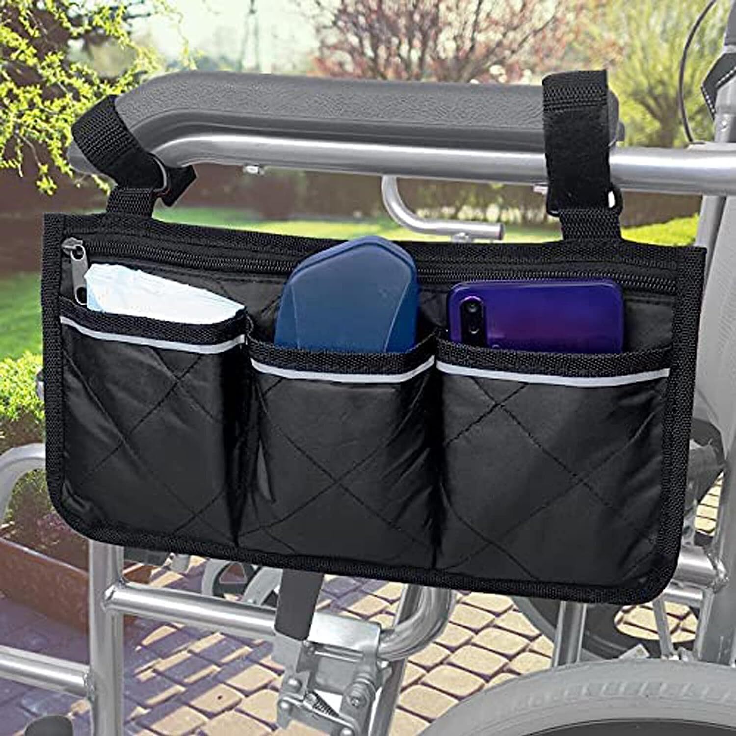 Wheelchair Side Bag Hang on Side Armrest Accessories Storage Pouch w/ Cup Holder