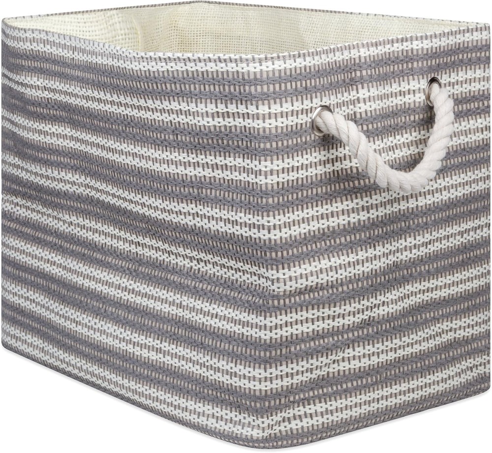 Basketweave Decorative Bin, Large, Woven Paper Gray Stripes