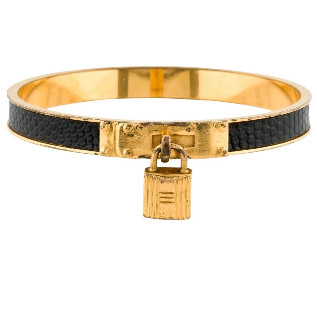 105. Hermes Lizard Kelly Lock Black & Gold Bangle
