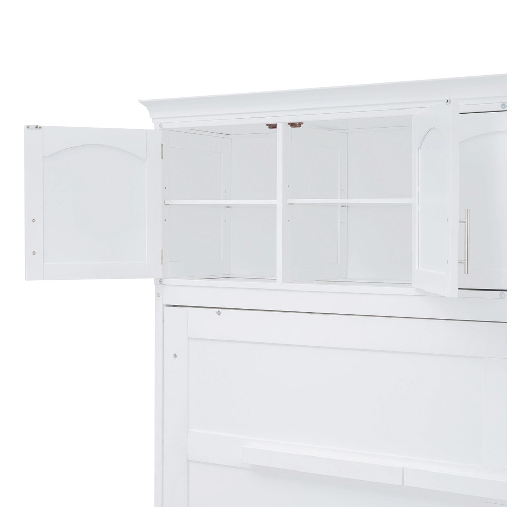 Modern Bed Frame Full Size Murphy Bed Wall Bed with Top Cabinets Bedroom White