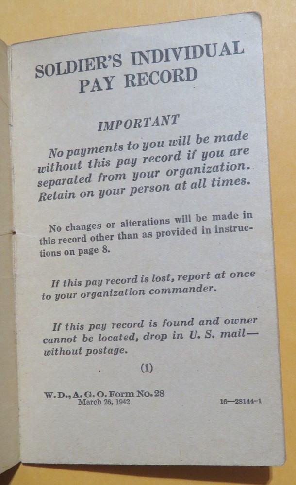 Genuine WWII 1942 U.S. Army Soldier’s Individual Pay Record