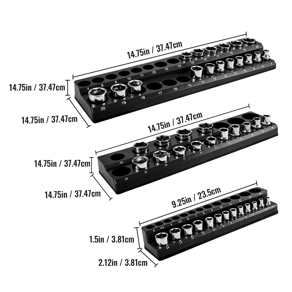 6-PACK Set Magnetic Socket Organizer Holder 1/4'' 3/8'' 1/2'' Drive SAE Metric