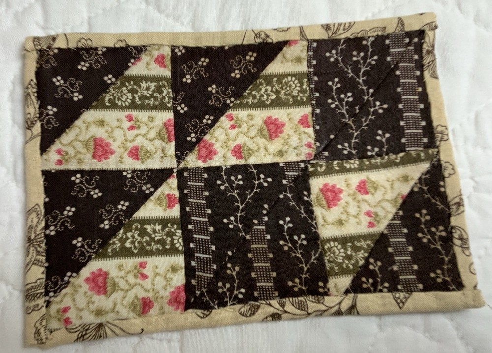 Antique Patchwork Quilt Table Topper, Nine Patch, Triangle, Early Calicos, Brown