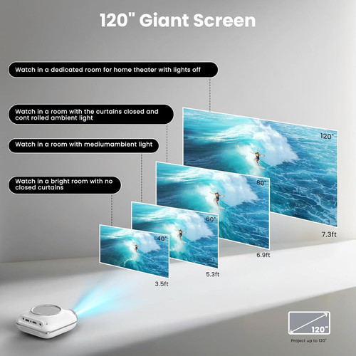 Mini Projector with Two -Way Bluetooth, Portable for Home White