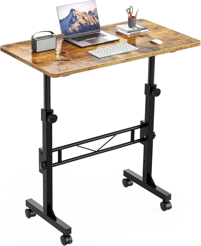 Portable 32-Inch Adjustable Standing Desk with Wheels - Rustic Finish
