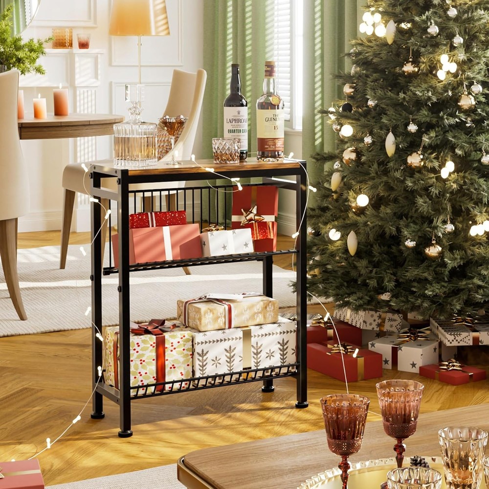 Narrow Side Table Small Space 3-Tier End Table W/ Magazine Holder,Slim