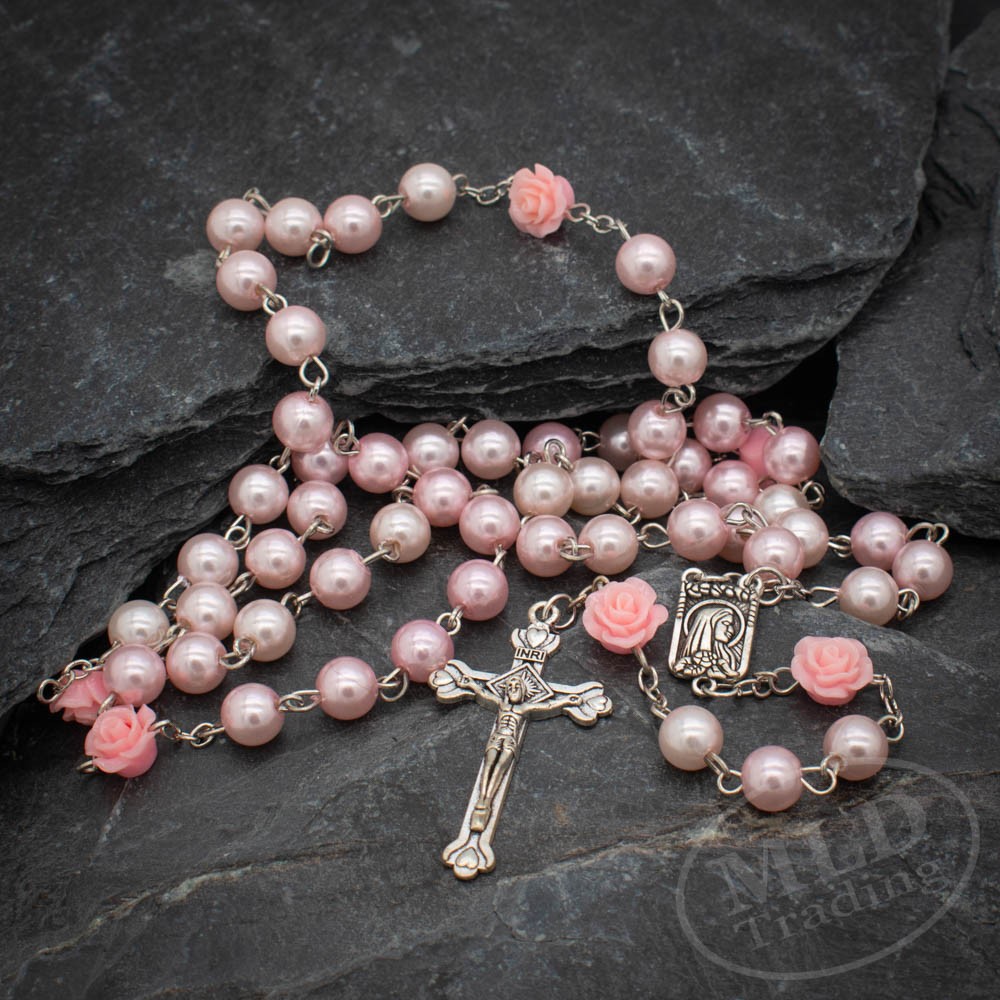 Pink Pearl Rosary Necklace – 32 Inch with Rose Beads Catholic Prayer Crucifix