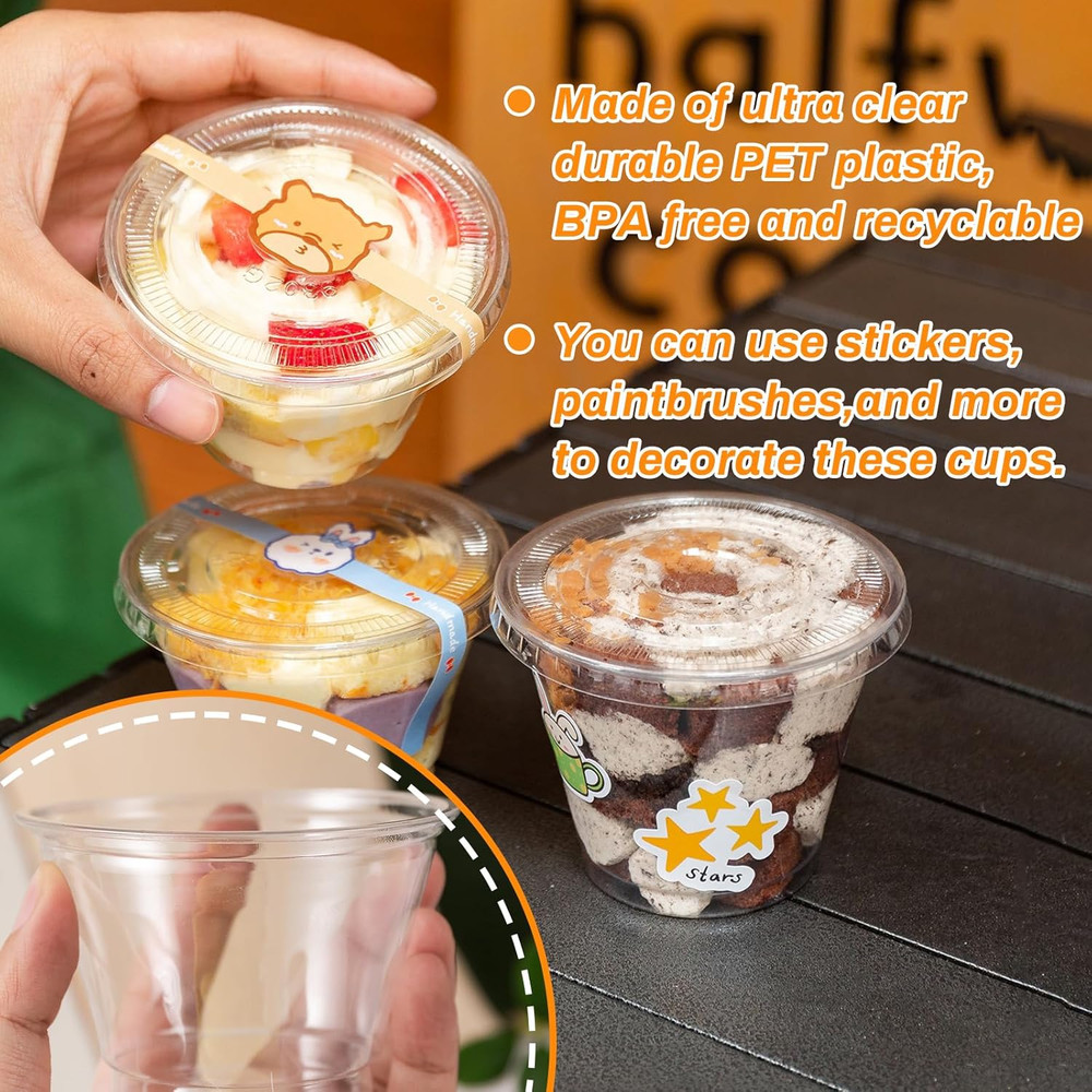 100 Pcs 8 OZ Disposable Plastic Cups with Flat Lids,Clear Portion Cups with Flat