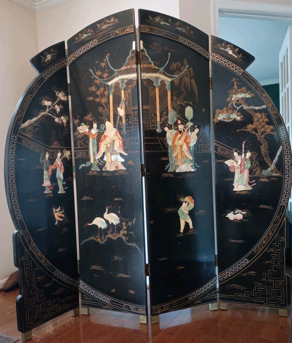 Lovely Asian Lacquered Wood Room Divider, 72" Tall, Mother Of Pearl & Hardstone
