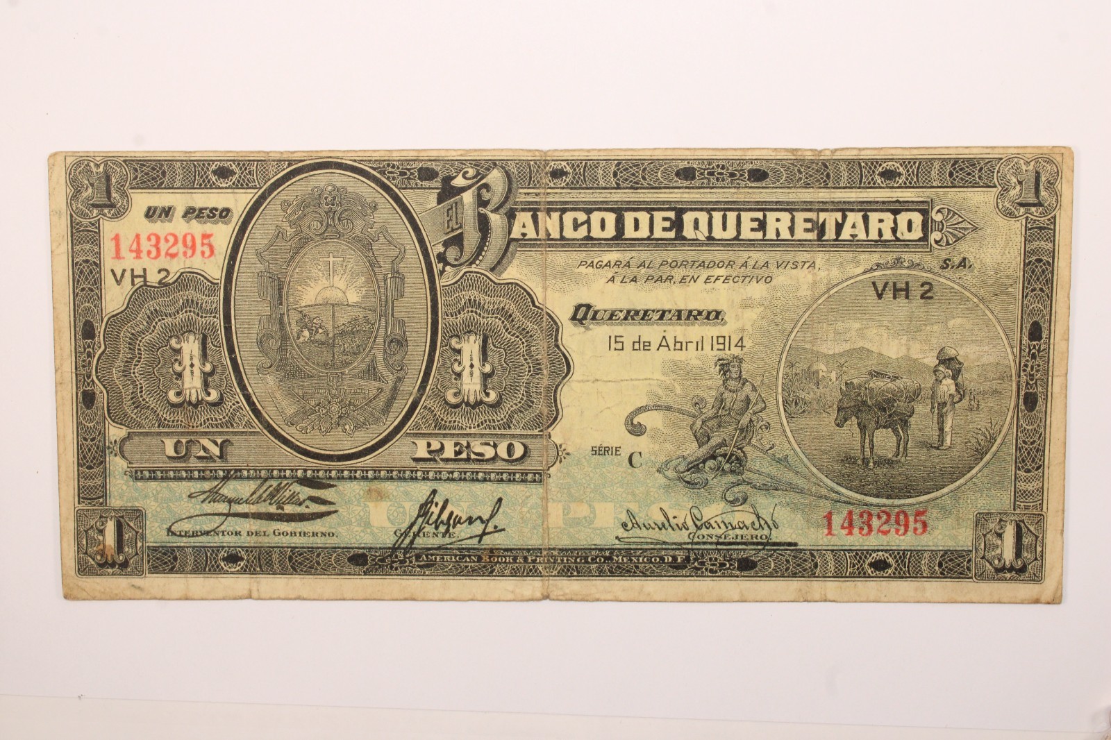 Mexico/Queretaro  1  Peso  15.4.1914 Series VH 2 Circulated Banknote, Fine #0388