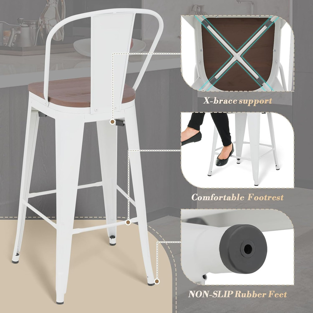 Set of 2 30.5'' High Back Bar Stools, Stackable Metal Frame, Farmhouse Style