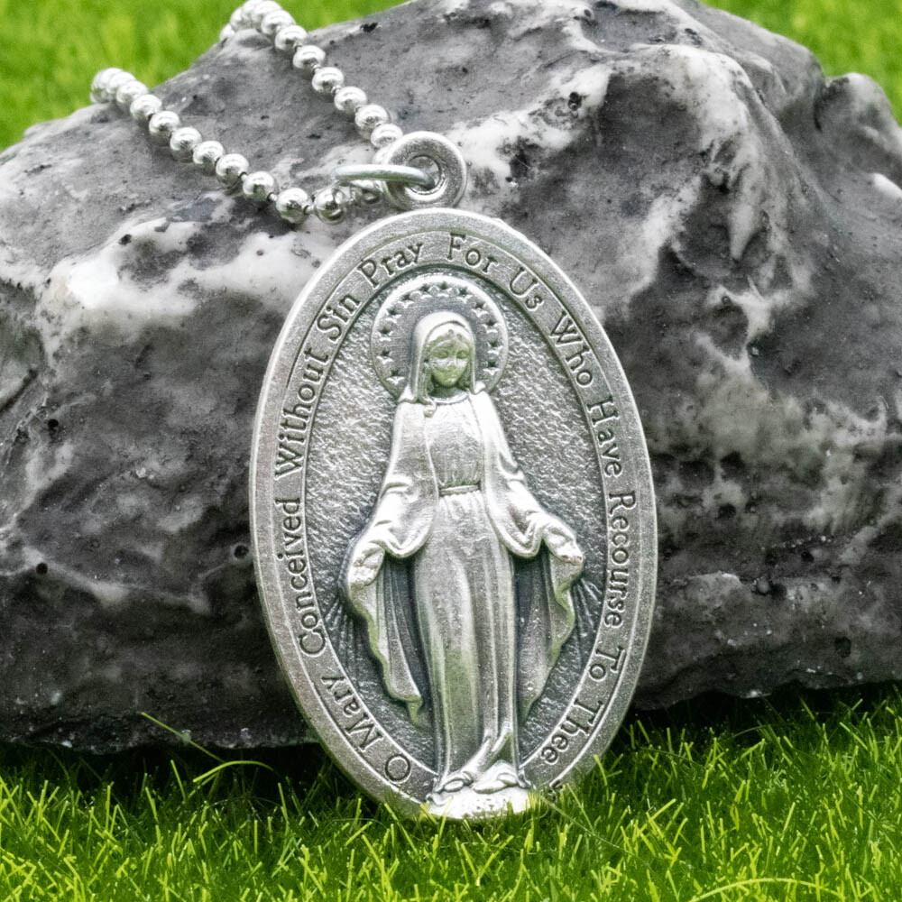 Extra Large 1-3/4" Miraculous Medal Virgin Mary Pendant Necklace Italy 24" Chain