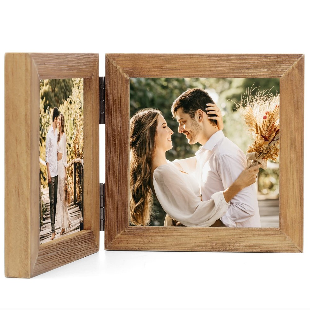 Double 4X4 Picture Frames Hinged Folding Rustic Photo Frames in Brown for Wal...