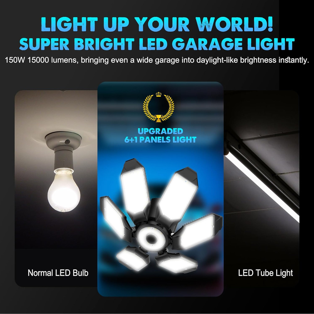 Garage Light Bulb LED 100W with 6 Deformable Panels, E26/E27 Garage Led Ceiling