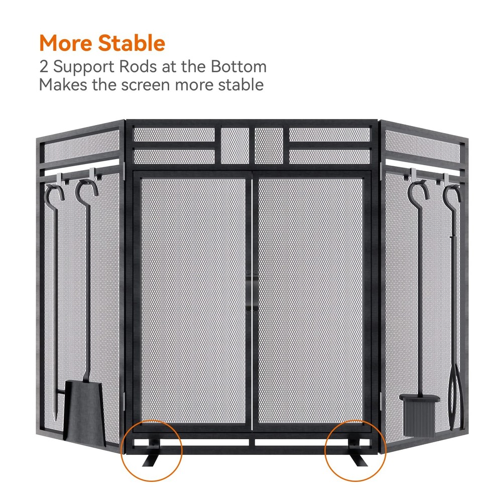 Fireplace Screen with Doors and Tools Set 3 Panel Foldable Metal Guard Wrought