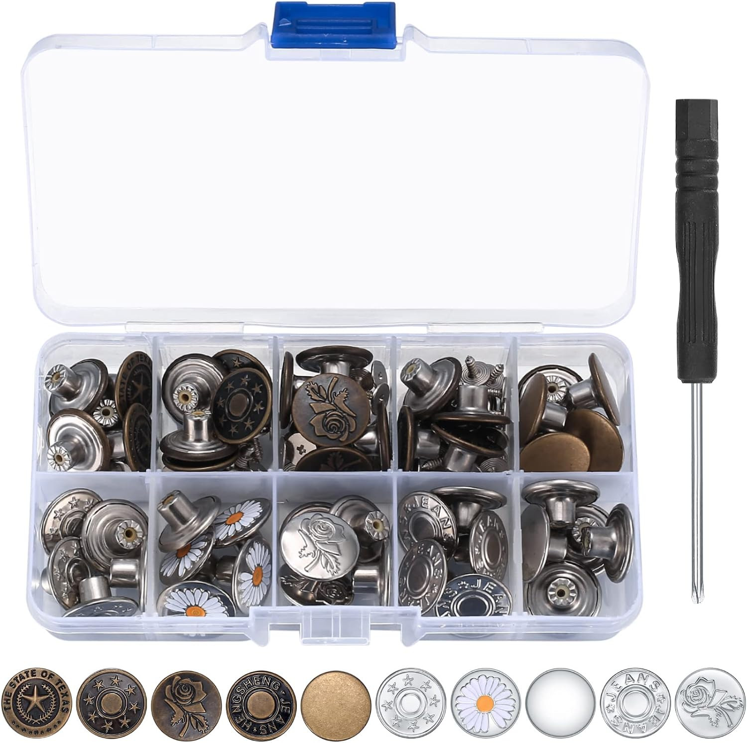 50 Pcs Jean Buttons Replacement Kit, 17Mm Metal Snap Denim Buttons for Pants