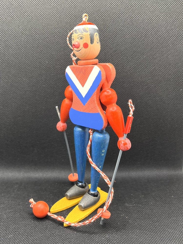 Vintage Wood Pull String Skiing Boy Puppet Austria Jumping Jack READ