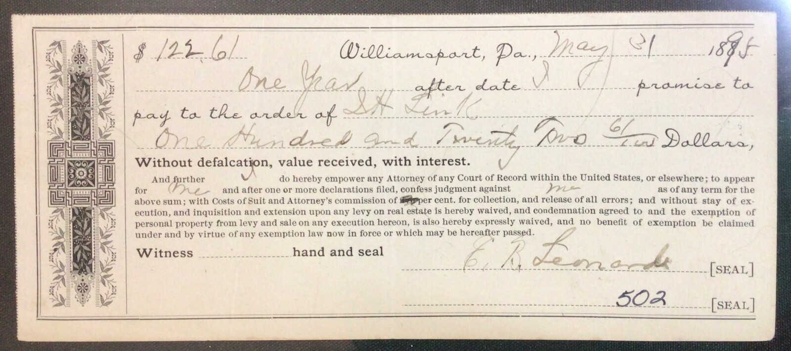 1895 PENNSYLVANIA ATTORNEY HAND CHECK!