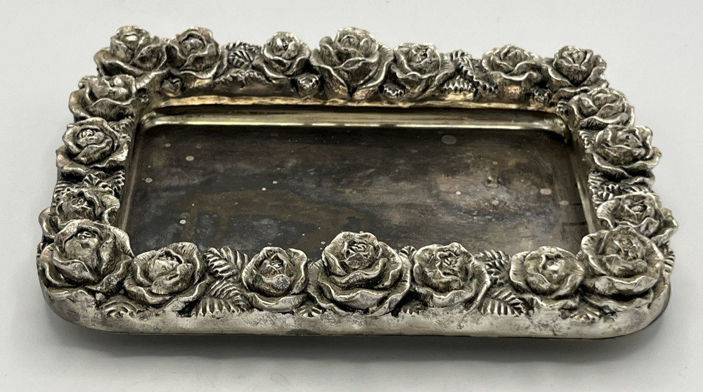 Silver Plate Tray Dimensional Roses 7 1/2" x 6"