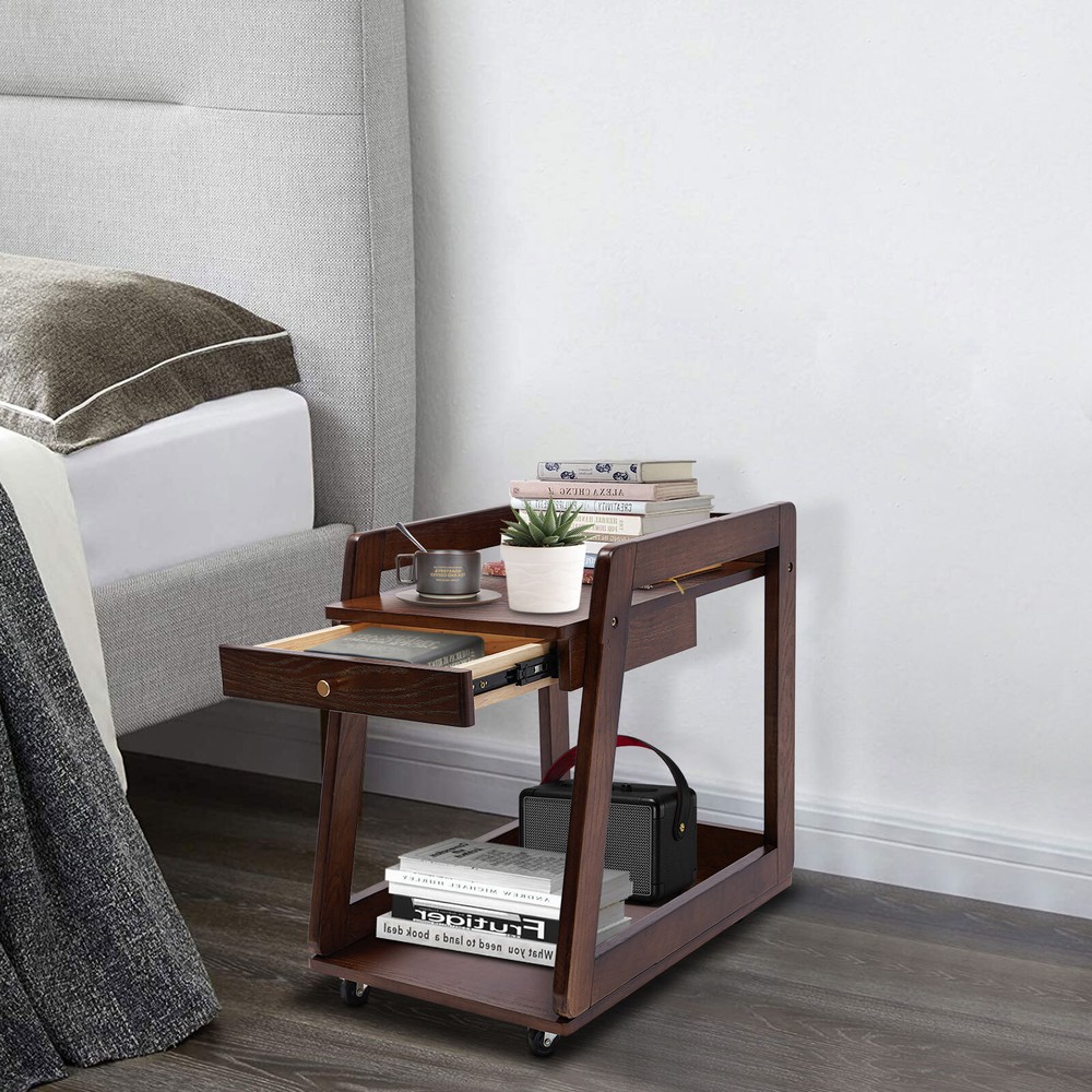 Walnut Retro Wood End Table, 2-tier Side Table, Storage Couch Table with Wheels