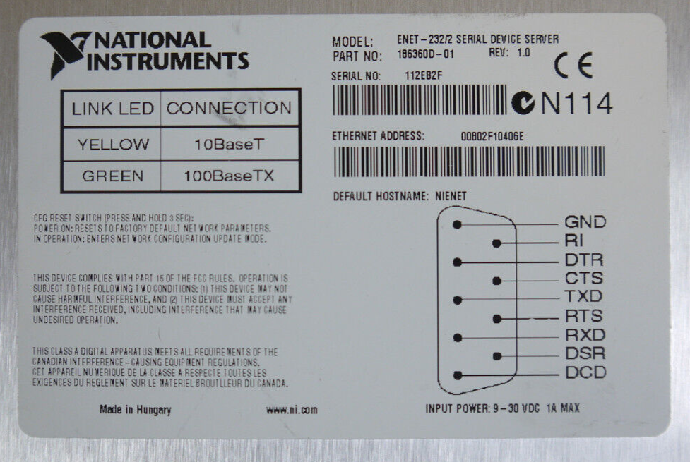 National Instruments 186360D-01 ENET-232/2 Serial Device Server