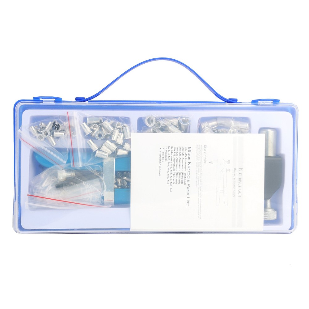 86pc Heavy Duty Blind Rivet Nut Kit Set - Riveter Tool & Rivet Nut Gun Thread