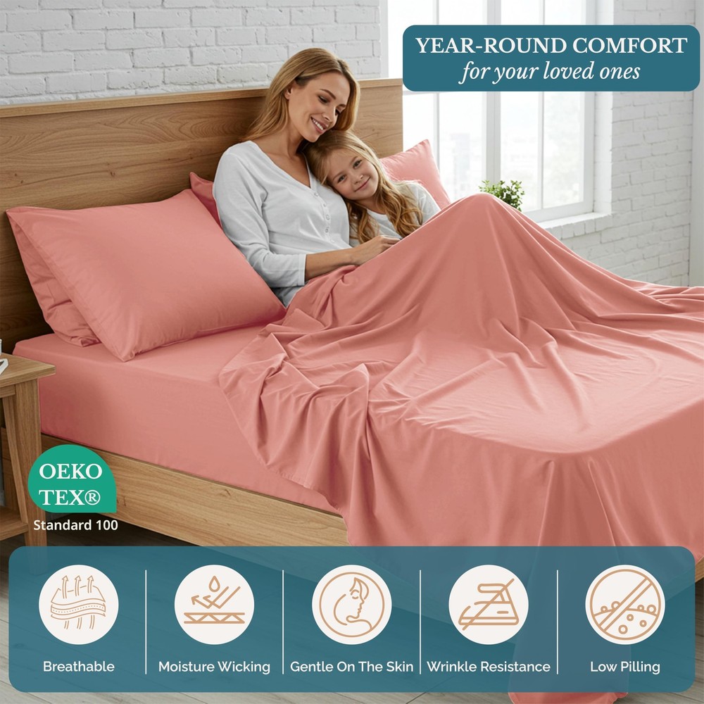 Bedding Sheets & Pillowcases, Pre-Washed Ultra Soft & Breathable Bed Sheets T...