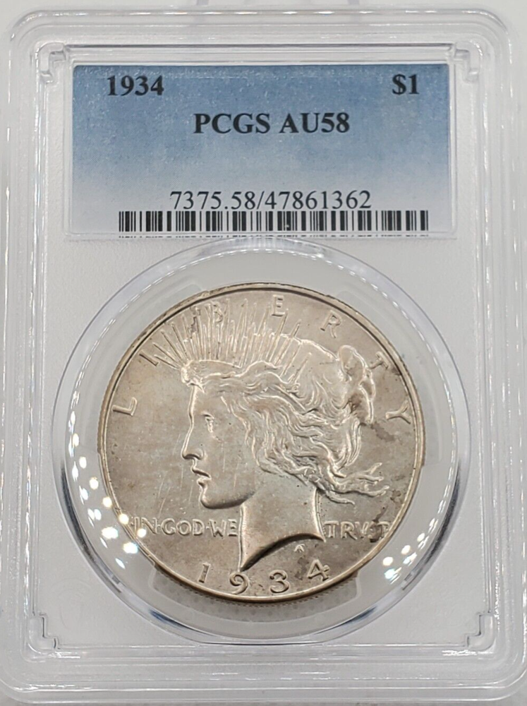 1934 Peace Silver Dollar PCGS AU 58 BLUE LABEL