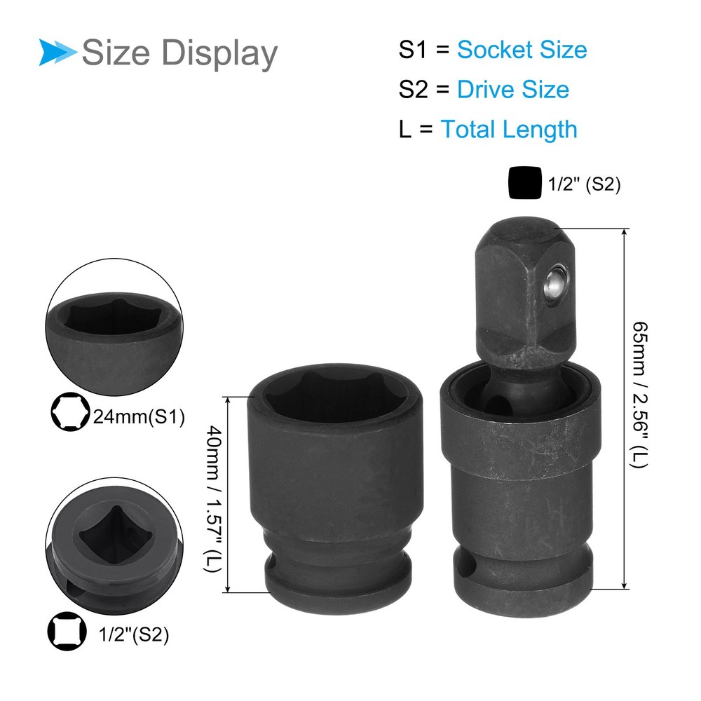1/2" Drive Impact Socket Metric 24mm Include Universal Joint for Electric Drill