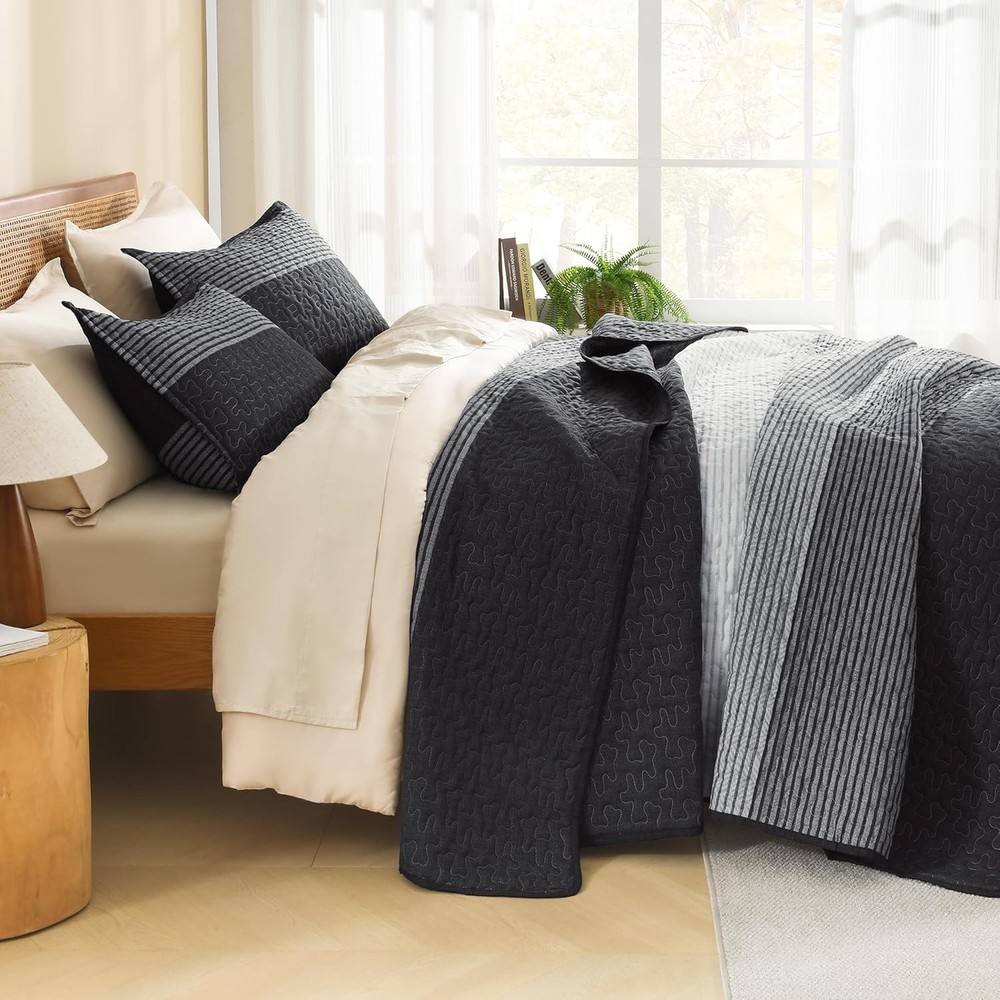 Quilt Queen Size Black Grey & White Gray Stripe Patchwork Summer Bedspread
