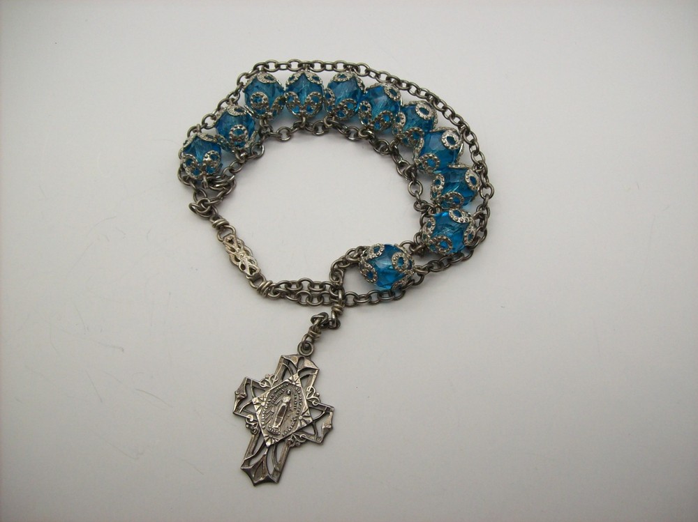 Vintage Sterling Rosary Bracelet Silver Cap Blue Crystals Crucifix Madonna, x