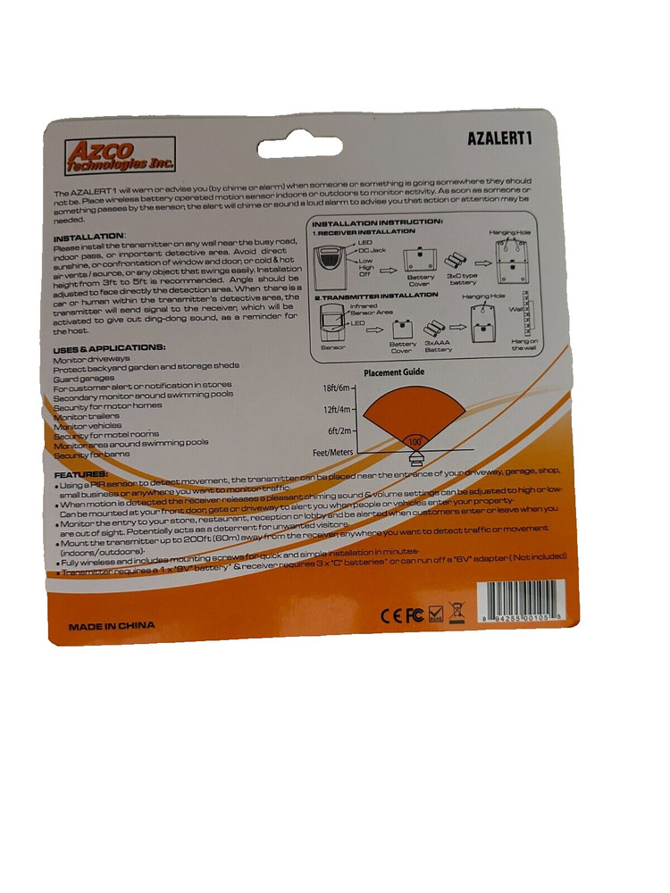 Wireless Driveway Alert Kit. Motion Activated Sensor. 200ft Range. 25ft Sensing