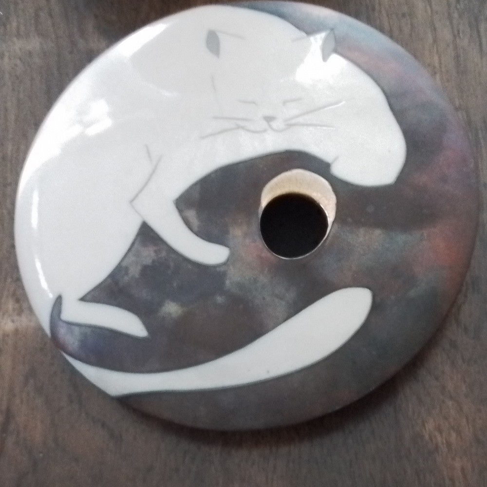 Giusti Studio/Raku Cat/Fish Signed Pottery Vase