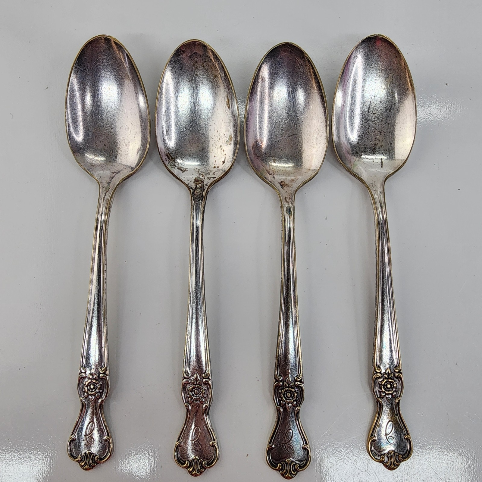 Old Company Plate SIGNATURE ROSE Silverplate Dinner Spoons 4 Pc Monogram C 6"