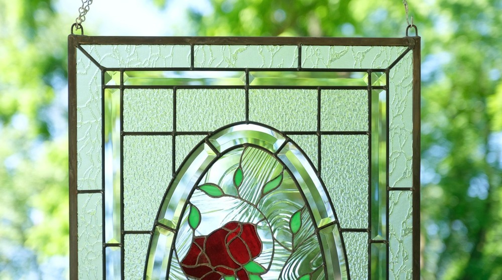 20" x 34" Stained Glass Window Panel rose blooming