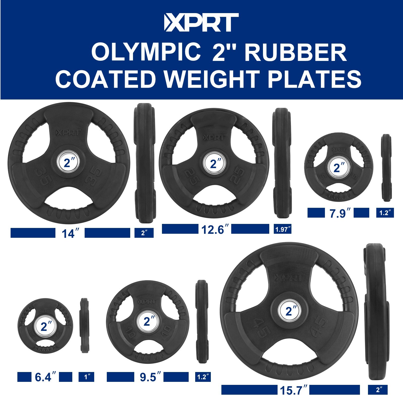 XPRT Fitness Olympic Weight Plates 2.5-45lb Rubber Coated Triple-Grip Home Gym W