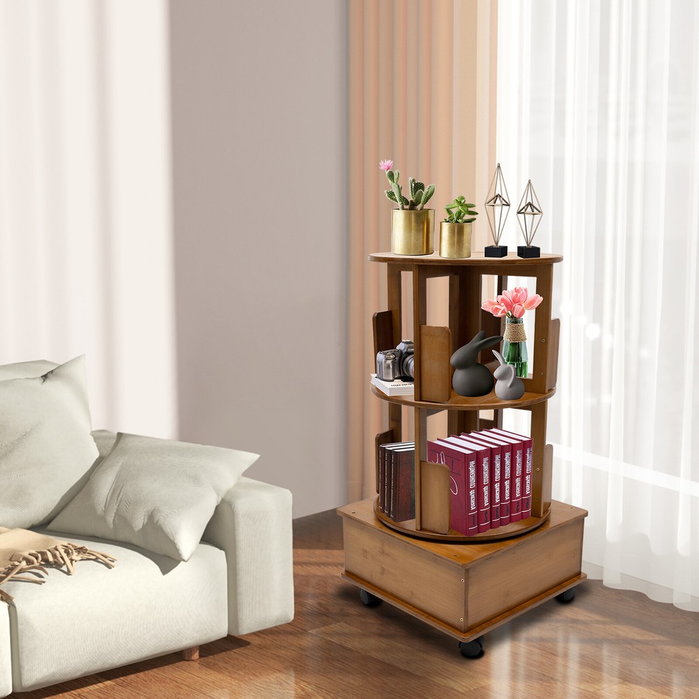 Rotating Bookshelf Swivel Storage Table Bookcase Side Table with Rolling Wheels