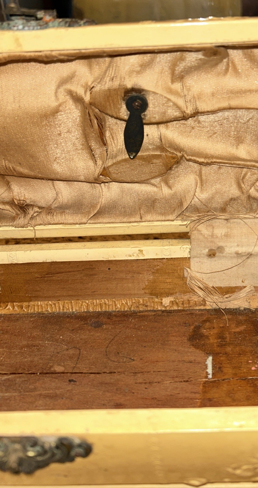 Antique Jewelry Box Engraved Angel Celluloid Wrapped Wood 9x 3.75 Oval Quite Old