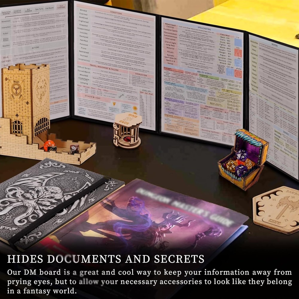 Faux Leather Dungeon Master Screen Embossed Dragon Mimic Four-Panel with Pockets