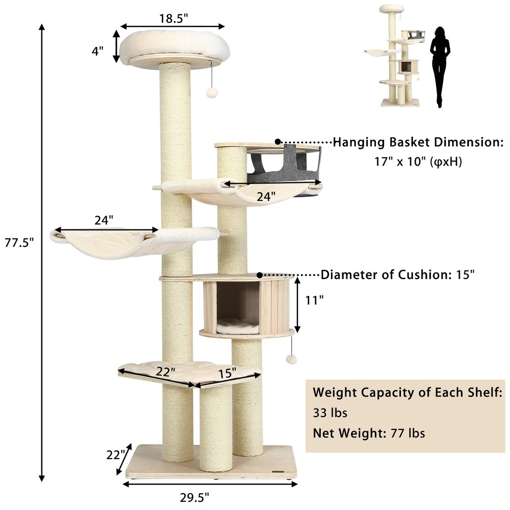 Petsjoy 77.5” Cat Tree House Multi-Level Kitten Activity Tower W/ Sisal Posts