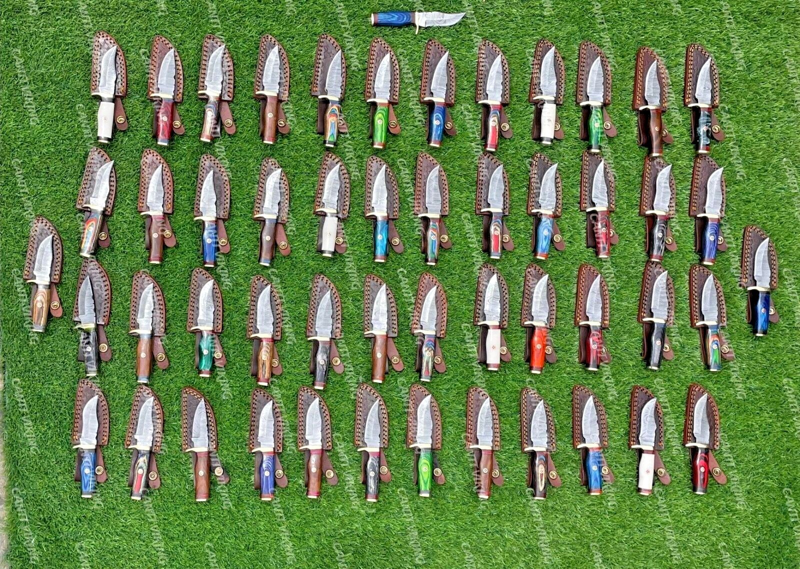 Lots of 60 Custom Handmade Damascus Steel 6" Skinner & Hunting Knives W/Sheath.