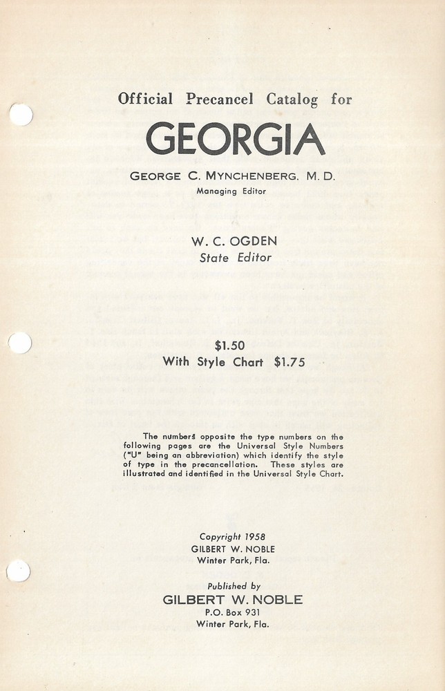 State General Precancel Catalogs: GEORGIA; Noble, 1958
