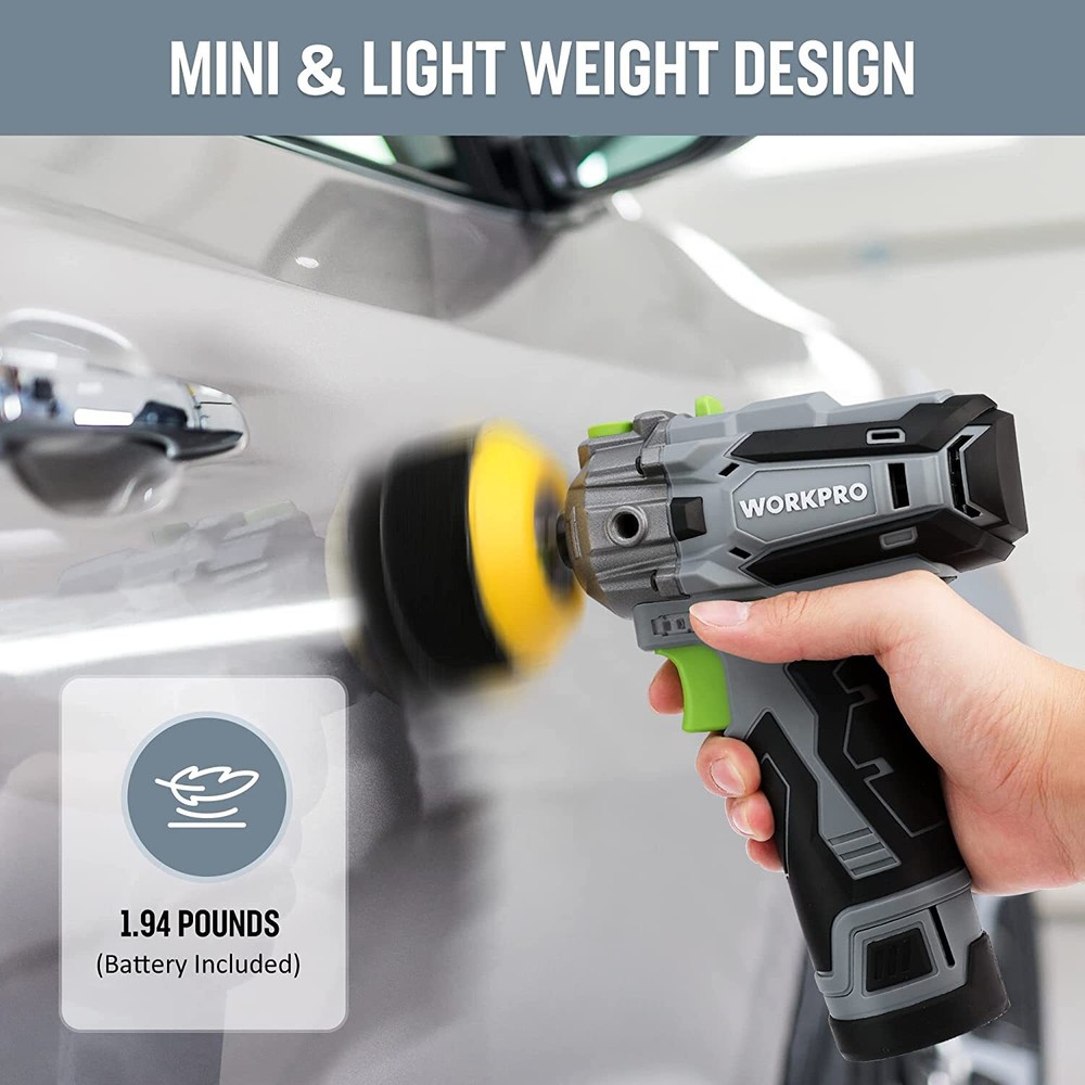 WORKPRO Cordless Polisher 12V Mini Car Detailing 3" Buffer & Sander Machine Kit