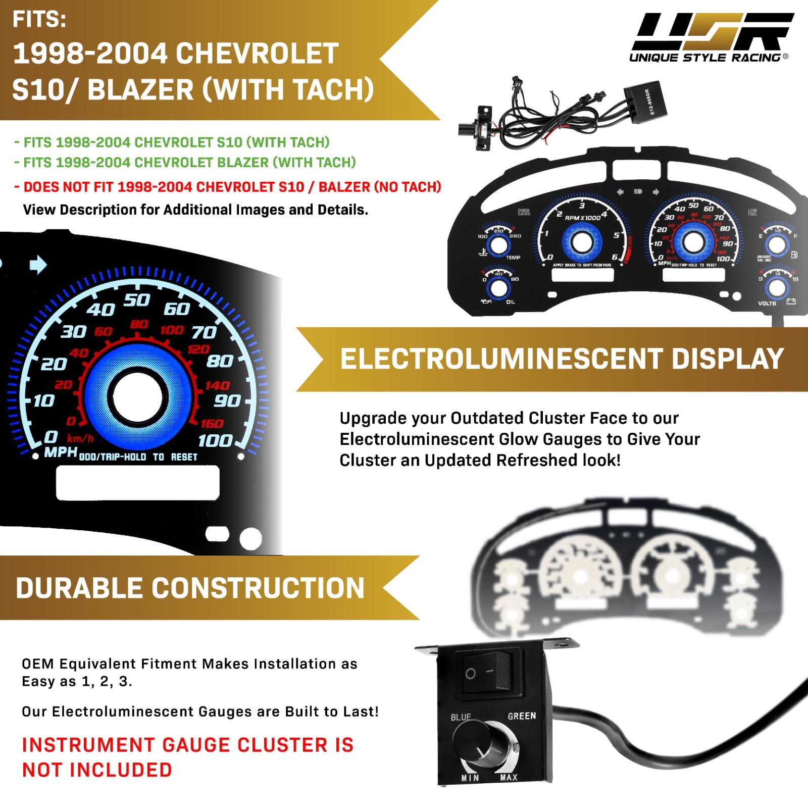 BLUE Glow Gauge Black Overlay For 98-04 Chevy S10/Blazer TACH Instrument Cluster