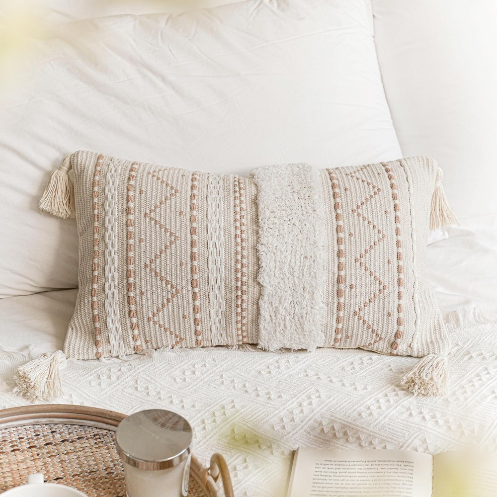 Decorative Lumbar Throw Pillow Cover 12x20 Cream Neutral White Rectangular Bo...
