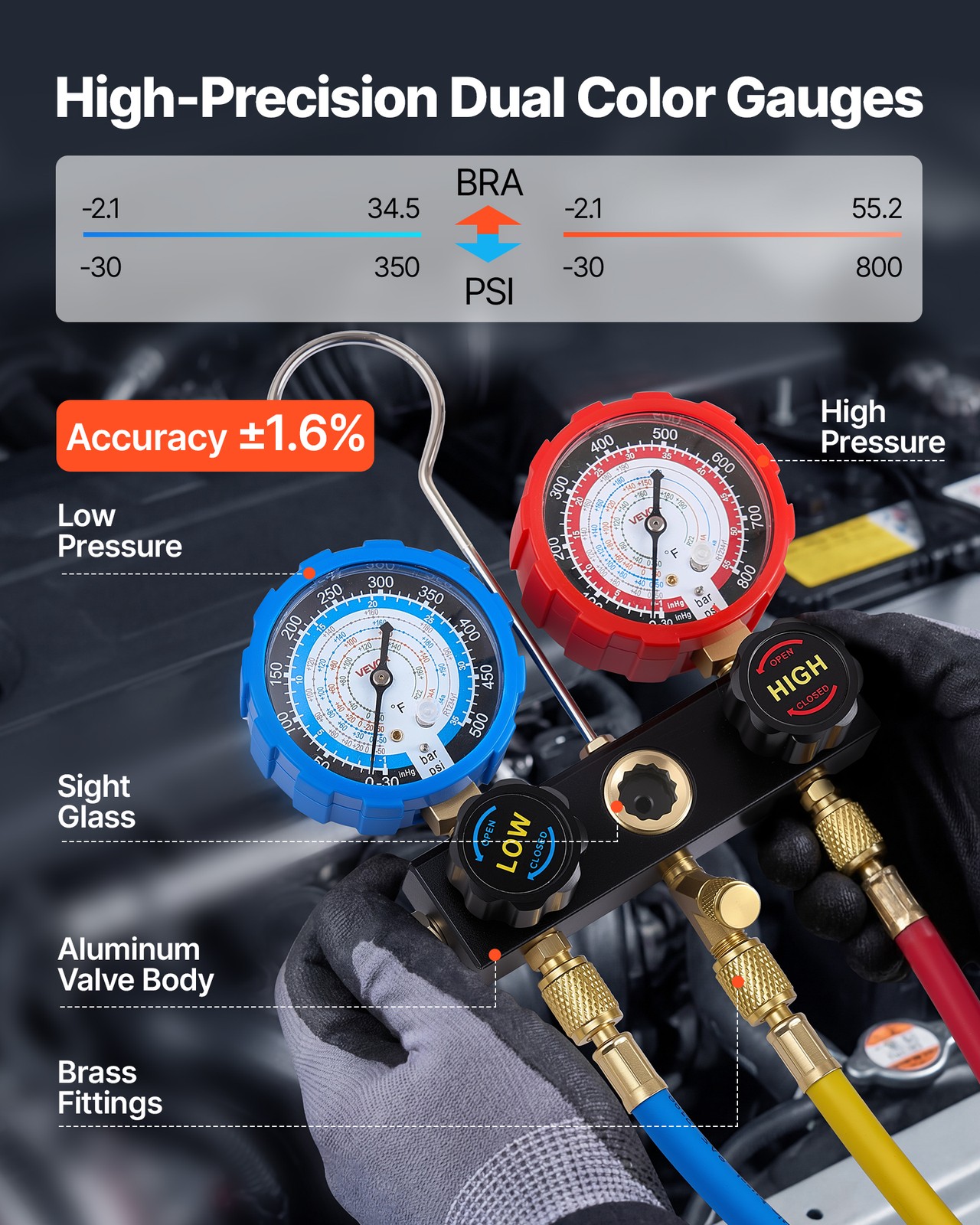 VEVOR AC Manifold Gauge Set 3-Way R134a R404A R1234yf R22 Refrigeration Charging