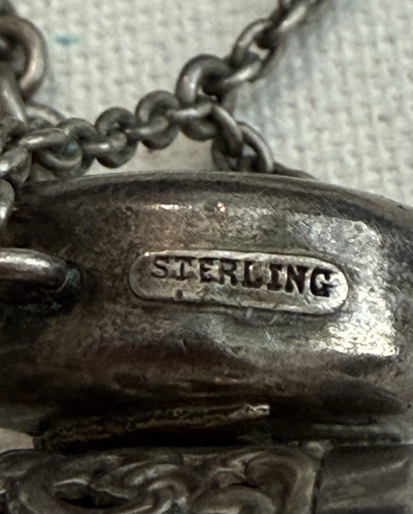 Victorian Sterling Silver Chatelaine with Vinaigrette, Bottles, Thimble