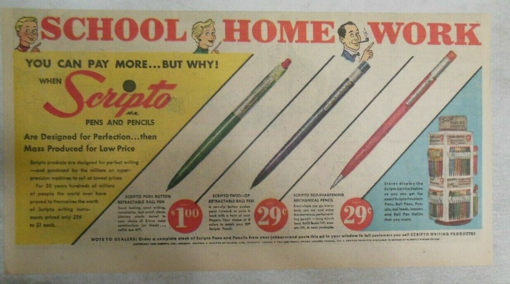 Scripto Pens & Pencils Ad: School Home Work Scripto ! 1950's Size: 7 x 15 inches