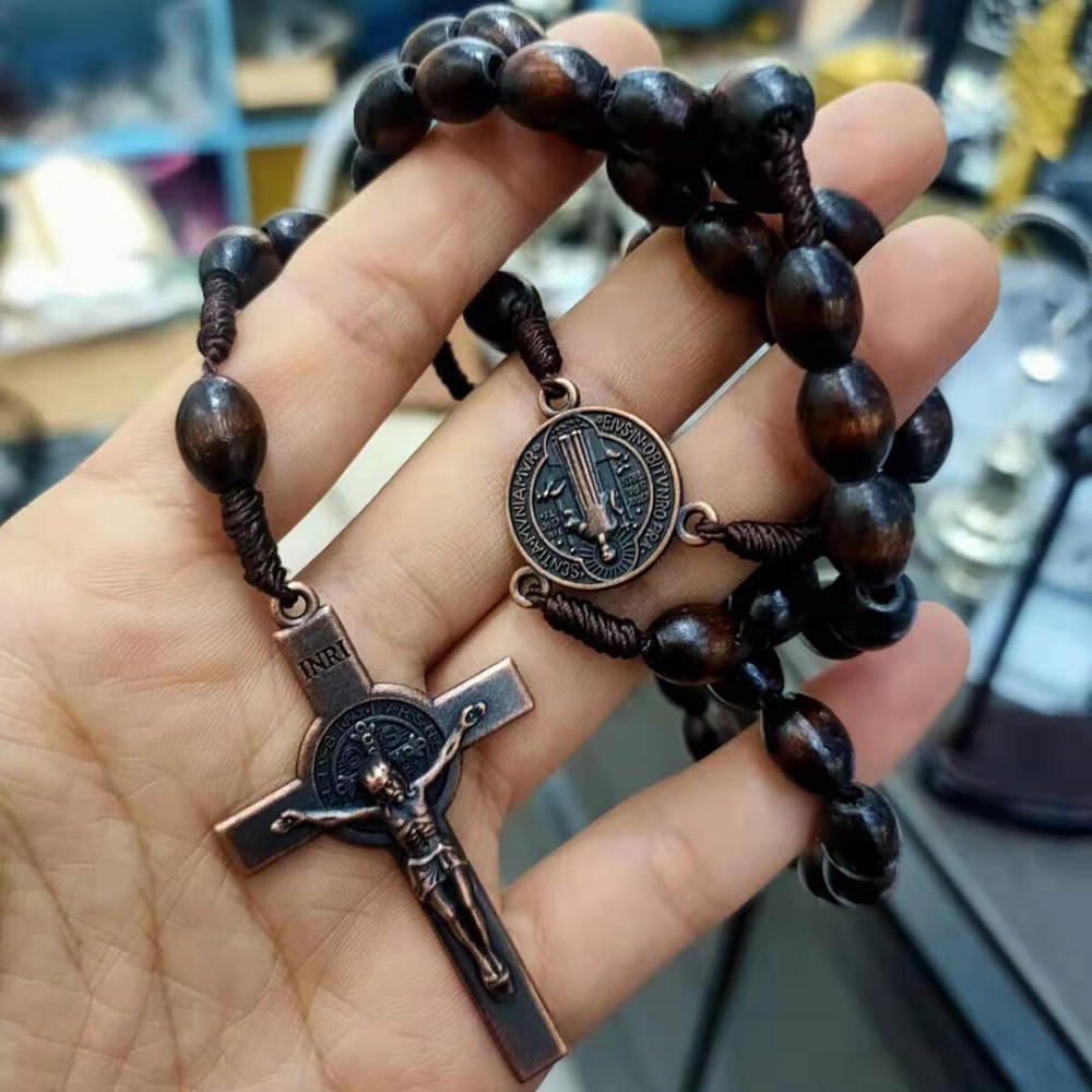 Saint St Benedict Wood Beads Rosary Prayer Crucifix Cross Jerusalem Deep Brown