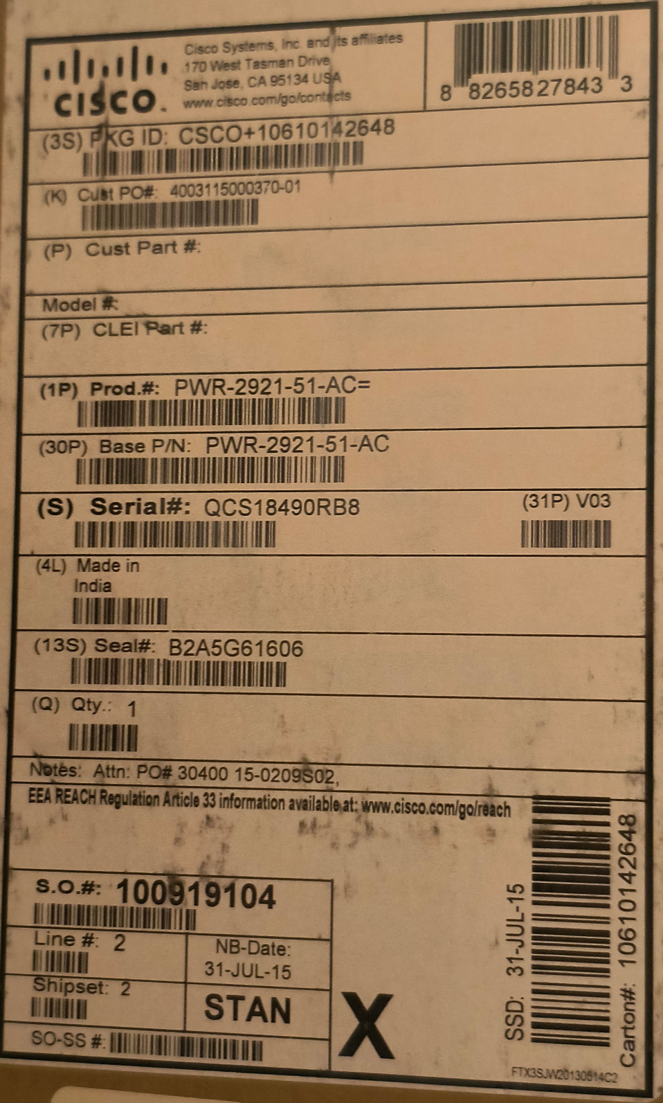 Cisco PWR-2921-51-AC Power Supply for Cisco 2921/2951 Routers - NEW